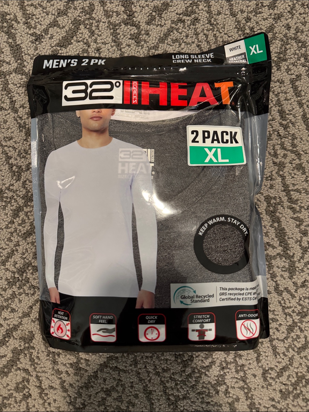 32 Degrees Men’s Long Sleeve Crew Neck Thermal 2-Pack In White & Gray - Xl